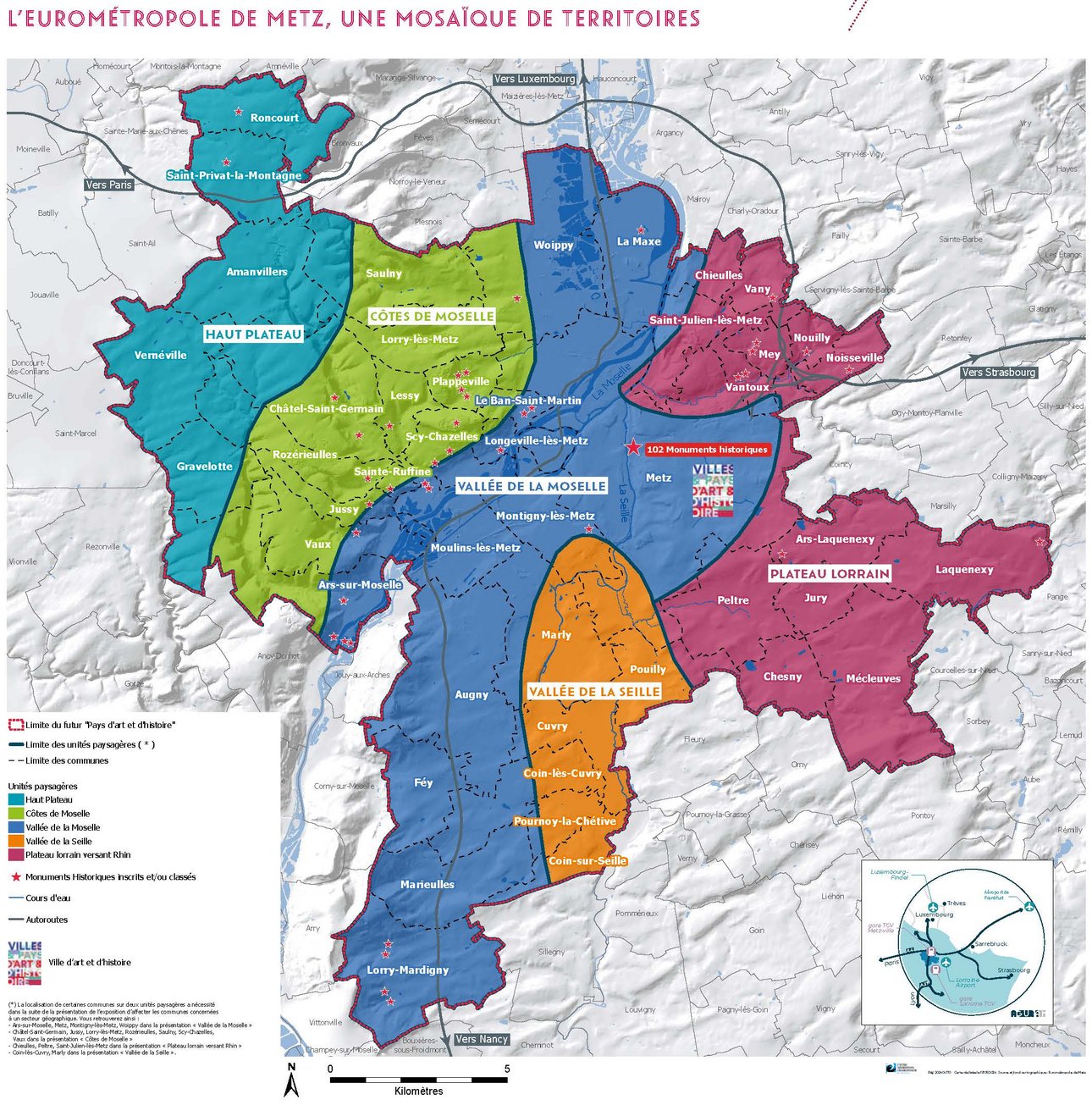 Cartographie des différentes zones du Label Pays d'Art et d'histoire (haut plateau, côtes de moselle, vallée de la moselle, vallée de la seille, plateau lorrain)