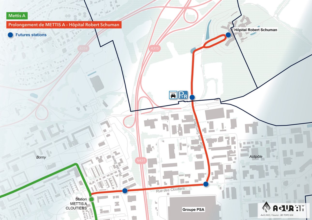 Cartographie du tracé de la ligne A de mettis. Itinéraire décrit précédemment.