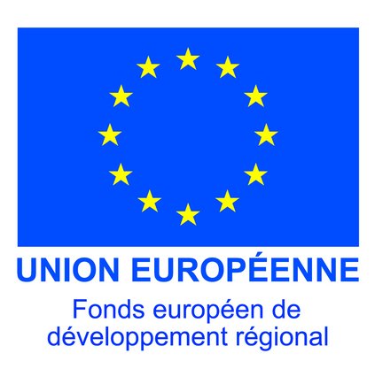 Logo FEDER - drapeau européen (étoiles en cercles sur fond bleu). Ecrit en dessous : Union Européenne Fonds européen pour le développement régional