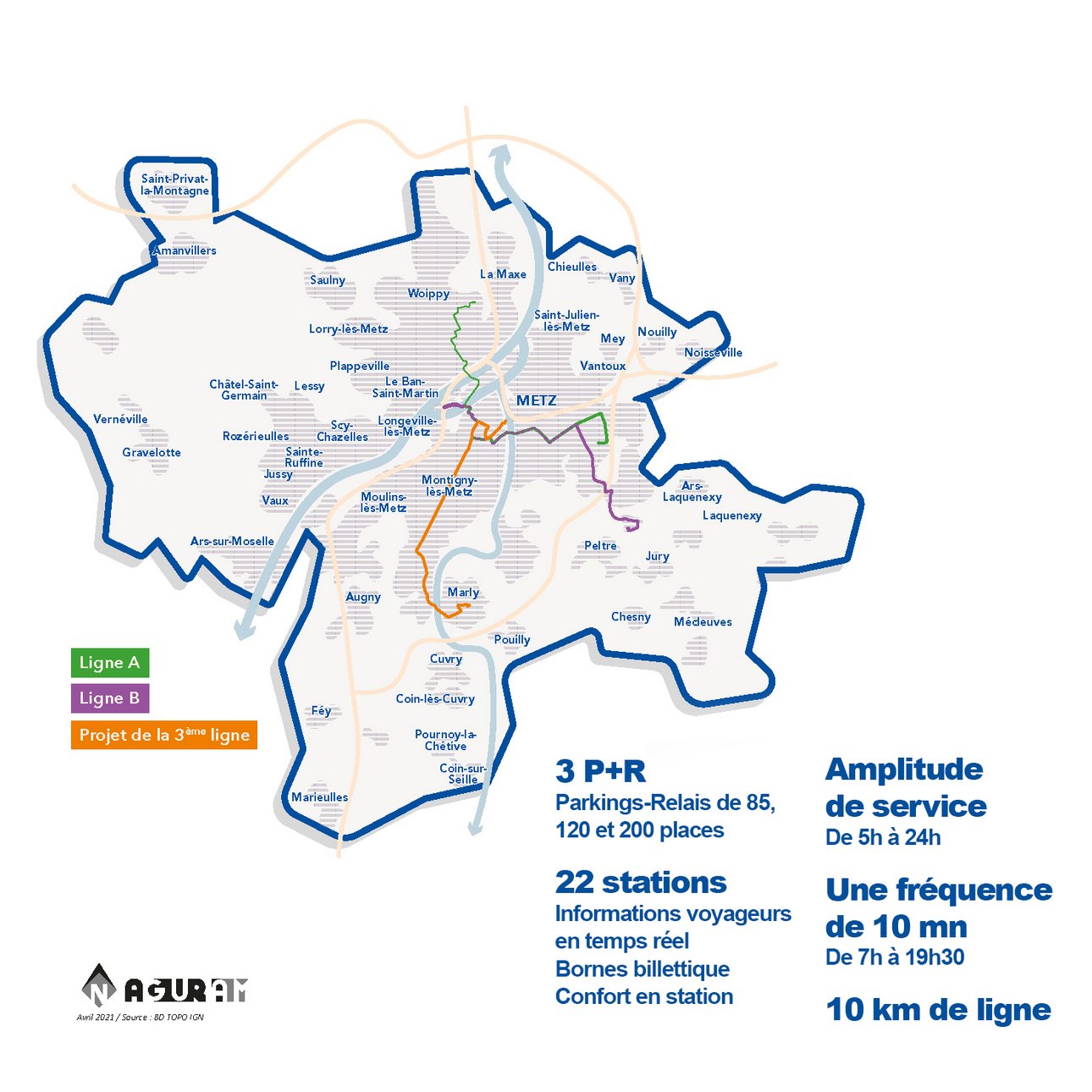Cartographie, plan global des tracés de METTIS (ligne A, ligne B et projet de 3e ligne). 3 P+R de 85 places, 120 et 200 places. 22 stations informations voyageurs en temps réel, bornes billettiques et confort en station. Amplitude de service de 5h à 24h. Une fréquence de 10mm de 7h à 19h30. 10 km de ligne