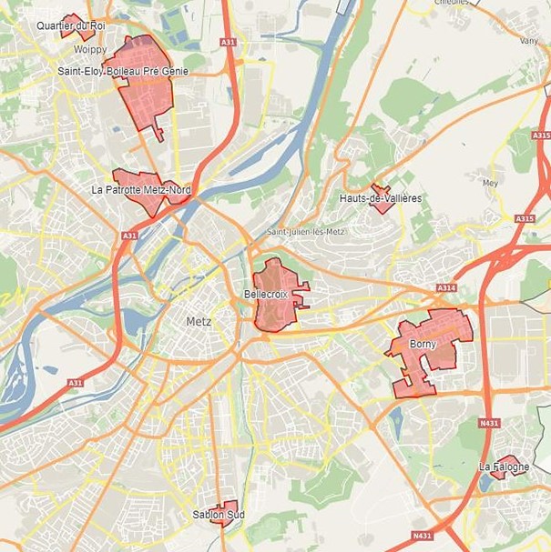 Carte des quartiers prioritaire du contrat de ville "engagements quartiers 2030" liste des quartiers concerné précédemment.