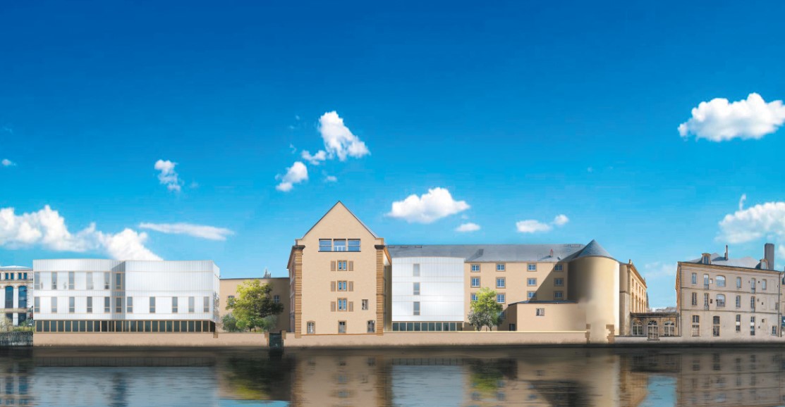 La façade arrière de l’Opéra-Théâtre sera bientôt rénovée, et comportera de nouvelles extensions côté Moselle, destinées notamment aux répétitions (vue d’architecte).