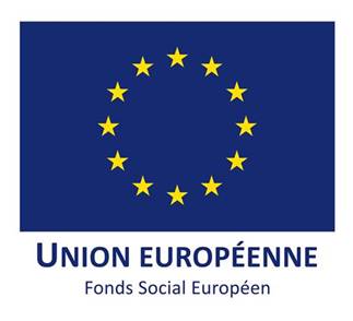 Logo FSE - drapeau européen (étoiles en cercles sur fond bleu). Ecrit en dessous : Fond social européen